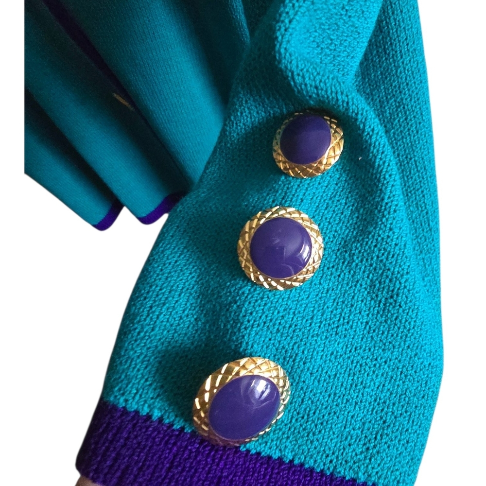 Vtg 80s Authentic Made In Usa Jewel Tone Knit Power Suit Teal & Royal Purple - Picture 4 of 8